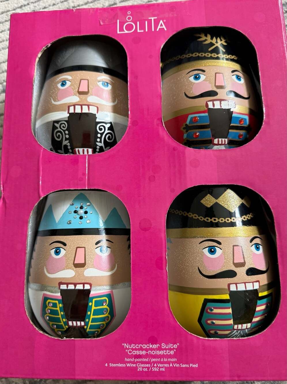 Lolita Nutcracker Suite Set of 4 Hand-Painted 20 oz. Stemless Wine Glasses